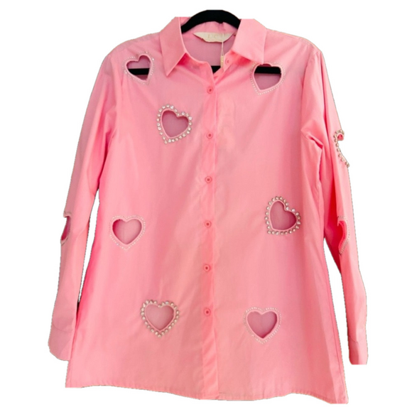 Tops - Pink Heart Cutout Rhinestone Embellished Long Sleeve Button-Up Shirt Size Large